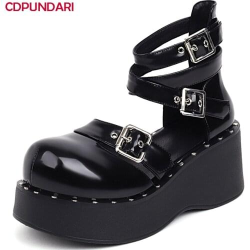 Women Black Lolita Shoes Platform Wedges Pumps Ladies Spring Summer Belt Buckle Rivet Punk High Heels Bride Tacones Mujer