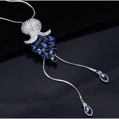 Vintage Long Necklaces for Women Crystal Cuttlefish Choker Necklaces Pendanst Fashion Silver Sweater Chain Jewelry Collier
