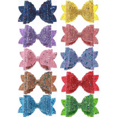 60PCS 8.5CM Boutique Glitter Synthetic Leather Hair Bow For Hair Clip Messy Sequin Bow Knot ForGirl Hairgrips Hair Accessories