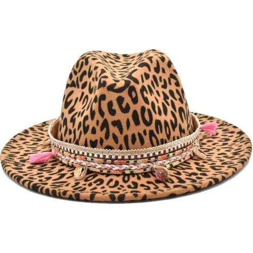 2020 New Woman Leopard Print Wool Fedora Hat With Pearl Elegant Lady Winter Autumn Wide Brim Jazz Cap 58cm
