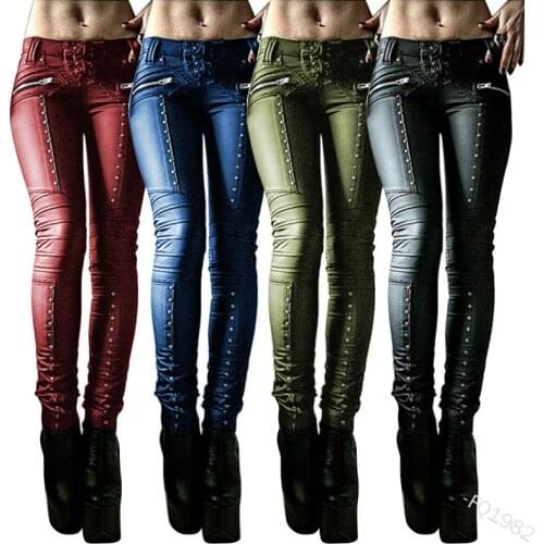 Women Retro PU Pants Leather steampunk Rivet Zipper Lace up Pencil pants Medieval Gothic Skinny Streetwear Autumn Casual Trouse