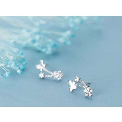 MloveAcc Authentic 100% 925 Sterling Silver Romantic Flower Clear CZ Stud Earrings for Girls Women Fine Jewelry