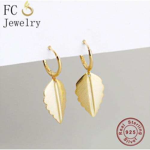 FC Jewelry Real 925 Sterling Silver Korean Gold Color Leaf Pendant Hoop Earring Ear Accessories Boucles Doreilles For Women 2020