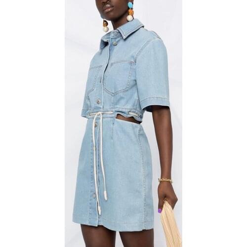 2021 Summer Women Denim Shirt Dress Short Sleeve Turn Down Collrar Retro Waist Hollow Out Denim Short Dress Female Mini Robes