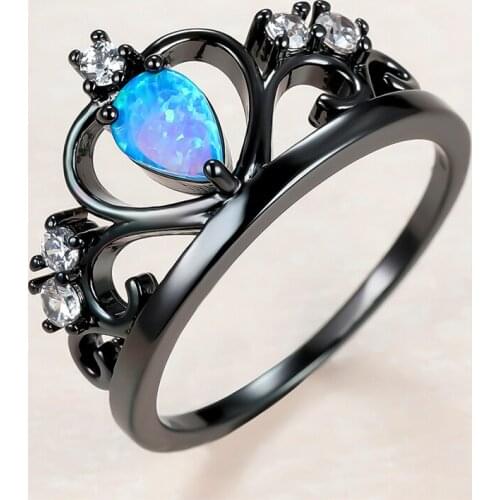 Cute Female Blue Opal Stone Ring Charm 14KT Black Gold Thin Wedding Rings For Women Luxury Bride Hollow Crown Engagement Ring