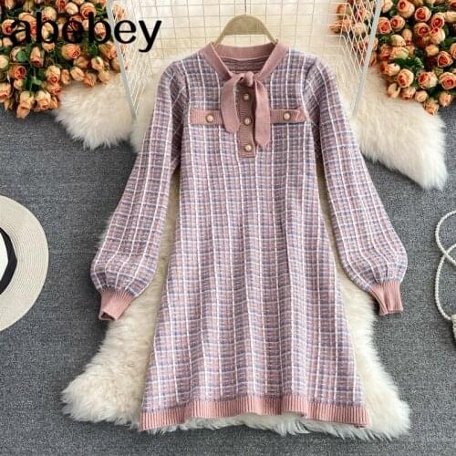 2021 New Spring Autumn Vintage V-Neck long sleeve knitted Dress lace up bow hit color patchwork high waist A-line Dress