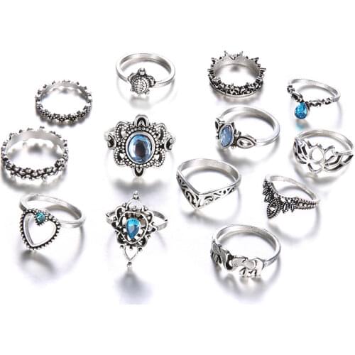 13 PCS/Set Vintage Blue Crystal Rings Women Flower Elephant Opal Stone Finger Midi Ring Set Lady Bohemian Party Fashion Jewelry