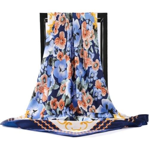 2021 Silk Scarf Women Fashion Designer Beautiful Flowers Foulard Soft Satin Shawl Scarfs Kerchief 90*90cm Square Neck Headscarf