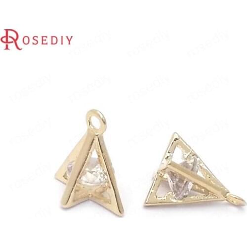 39081)6PCS Height 8.5MM 24K Gold Color Brass and Zircon Cross Triangle Charms Pendants Jewelry Making Supplies Diy Findings