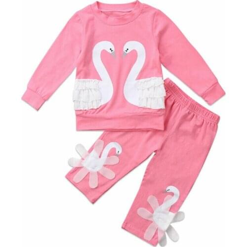 Free shipping 2PCS Set Newborn Baby Kids Girl Clothes 3D Swan Shirt Tops+Long Pants Outfits