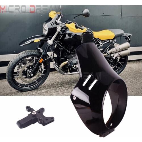 Black Motorbike Round Headlight Fairing Head Lamp Front Mask Cowl for BMW R nineT Urban G/S Scrambler 2016-2019 w/ Mounting Kit