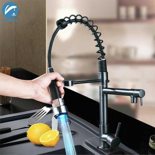 Black Bronze LED Kitchen Faucet Spring Pull Down Dual Spray Spout Kitchen Mixer Tap Deck Mounted Kitchen Single Handle Mixer