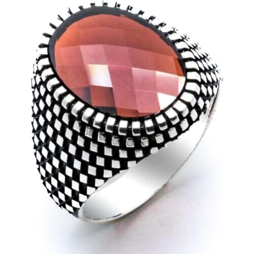 Wonderful Design Red Zircon Oval Stone Silver Ring