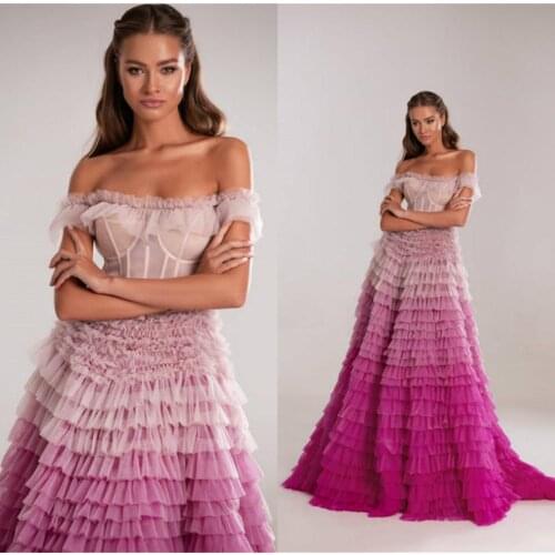 Gradient Evening Dresses Off The Shoulder Tulle Tiered Skirt A Line Formal Party Dress Receiption Gowns