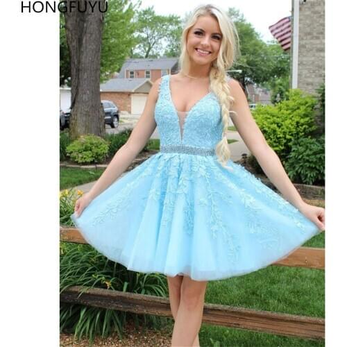 HONGFUYU Light Blue Lace Embroidered Tulle Homecoming Cocktail Dress Sheer Deep V Neck Graduation Dress Short Prom Party Gowns