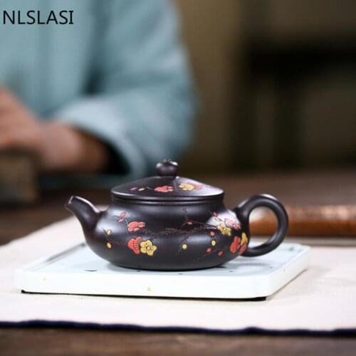 Chinese Authentic Yixing purple clay tea pot Raw ore Black mud painted plum teapot beauties Handmade Tea set kettle 170ml