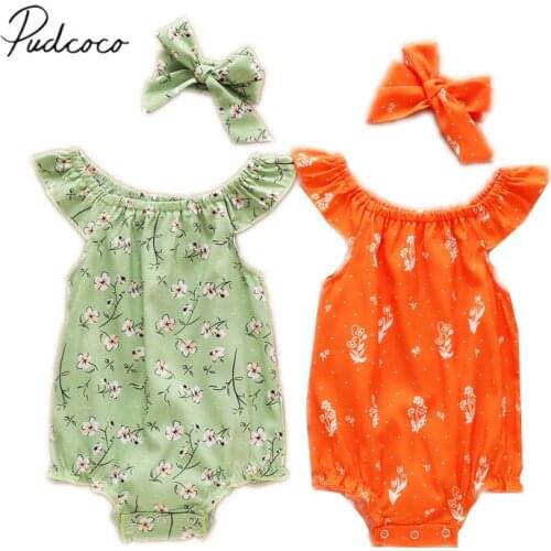 Infant Baby Girl’s Fashion Floral Jumpsuits Summer Boat Neckline Triangle Wrapped Romper and Headband