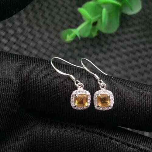 Fashion natural yellow crystal drop earrings Natural citrine earrings Classic square 925 silver female wedding earrings jewelry