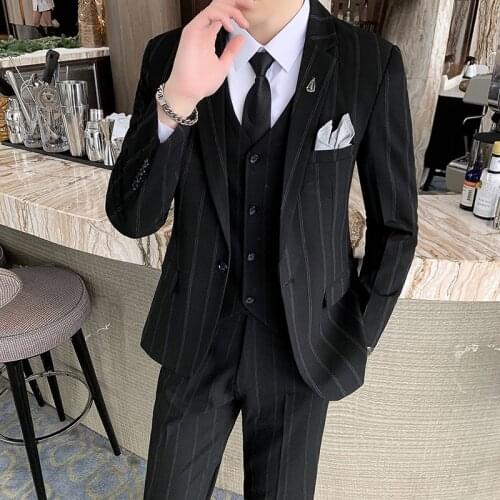 2021 Mens Casual Metal Buttons Solid Color Business Wedding Suit 3 Pcs Suit Set Blazers Jacket Coat + Pants + Vest Waistcoat