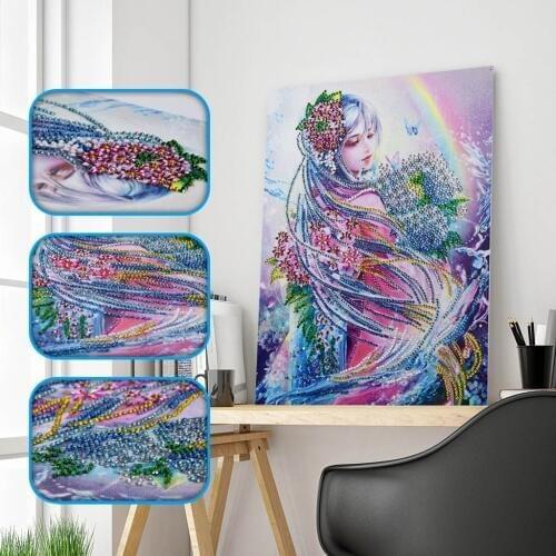 New 5D Diy Special Shaped Diamond Painting Cartoon Beauty Girl Rainbow Cross Stitch Paintings Rhinestones Embroidery Home Decor