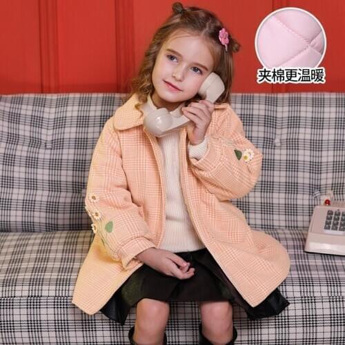 2020 Autumn and Winter New Girls' Quilted Lantern Sleeve Mid-Length Plaid Coat Sweet Little Daisy Kids' Overcoat