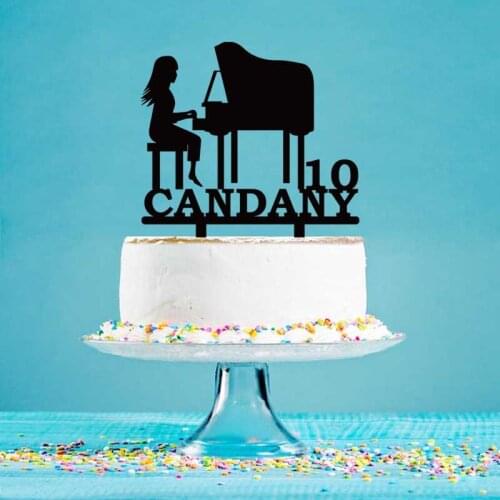 Personalized Party Cake Topper Custom Name Age Girl Playing Piano Silhouette Piano Cake Topper For Birthday Cake Decor YC137