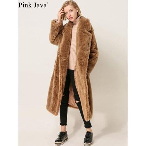 PINK JAVA QC1848 new arrival free shipping real sheep fur coat long style wool coat camel teddy coat over size winter women coat