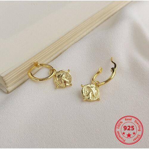Korea New Style 925 Sterling Silver Dangle Earrings for Women Simple Fashion Chic Gold Emboss Earrings Jewelry Dropshipping