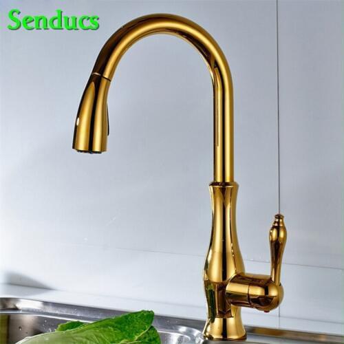 Senducs Pull Out Kitchen Faucet with Quality Brass Hot Cold Kitchen Sink Faucet Black Gold Pull Out Faucet Chrome Kitchen Faucet