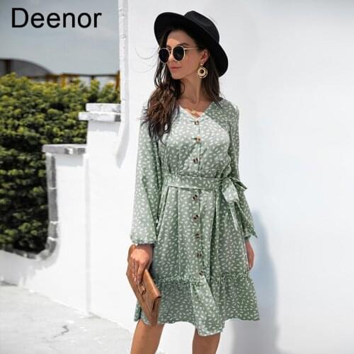 Deenor Polka Dot Print Dresses Woman Summer 2021 Elegant Long Sleeve V-neck Women Dress Autumn Boho Beach Midi Dress with Sashes