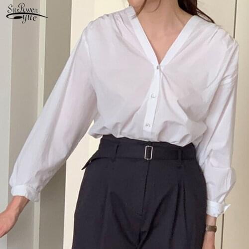 2021 Simple Temperament V-neck Womens Blouse Blue and White Solid Womens Shirts Elegant Noble Tops Women Clothes Blusas 15875