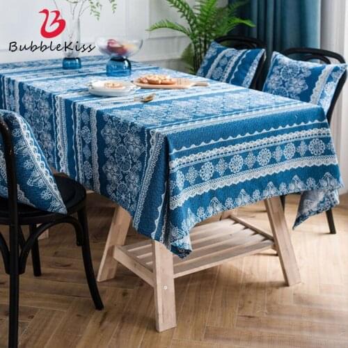 Retro Blue Decorative Table Cloth Rectangular Tablecloths Dining Table Cover Kitchen Obrus Mantel Mesa Home Decor Cushion Cover