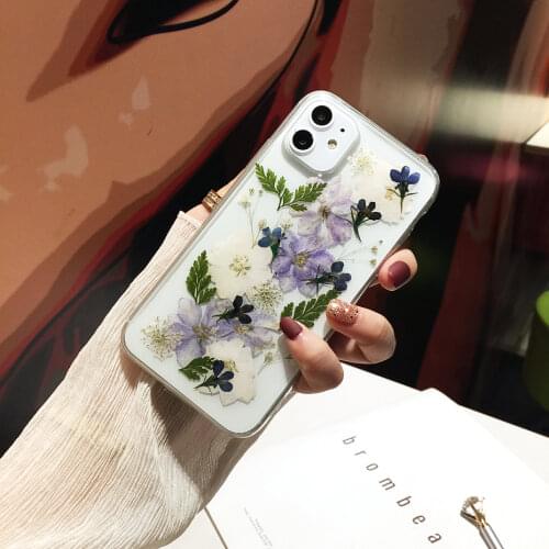 Real Pressed Dried Flowers Phone Case For iPhone X XS Max XR 6 6s 7 8 Plus 11 12 mini Pro Max Case Soft TPU Clear Floral Cover