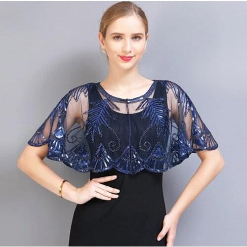 Womens Glittering 1920s Scarf Mesh Sequin Wedding Cape Fringed Evening Shawl Wrap Beaded Flapper Capes