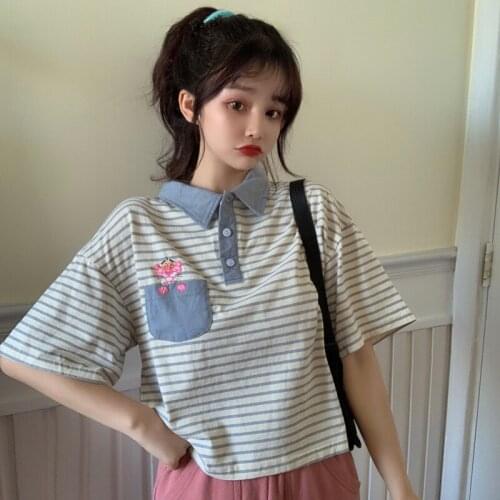 Retro Ins Striped Cartoon Tshirt Womens T-shirts Tops Japanese Kawaii Ladies Ulzzang Female Korean Harajuku Clothes For Women