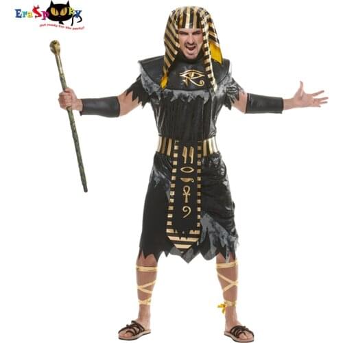 Eraspooky Ancient Egyptian Pharaoh Men Costume Black And Gold King of Egypt Halloween Costume Purim Carnival