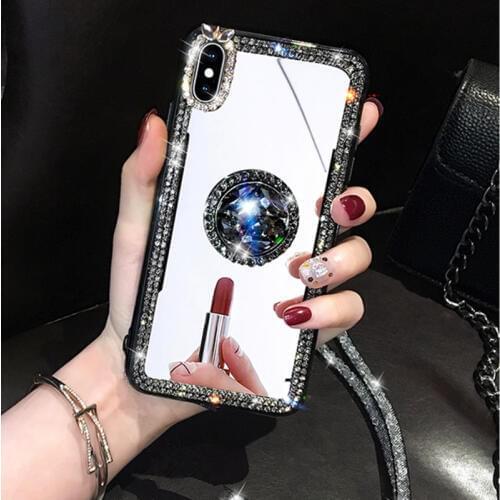 Phone Case For VIVO IQOO 3 U1 Y3 Y17 Y12 Y15 Y19 Y91 Y93 Y93S Y95 Y97 Y85 V11 V9 Crystal Makeup Mirror Diamond Finger Ring Cover
