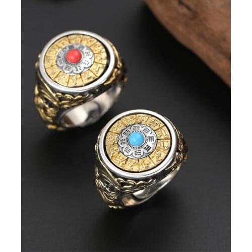 Real 925 Sterling Silver color Gossip Zodiac Rotatable Ring for Men Women Buddha Mosaic Turquoise 2019 Adjustable Ring Jewelry