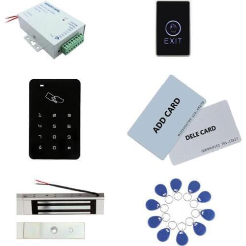 Access control kit,standalone access control+ power+180kg magnetic lock+exit button+2pcs manage card, 10 keyfob ID tags,sn:set-3