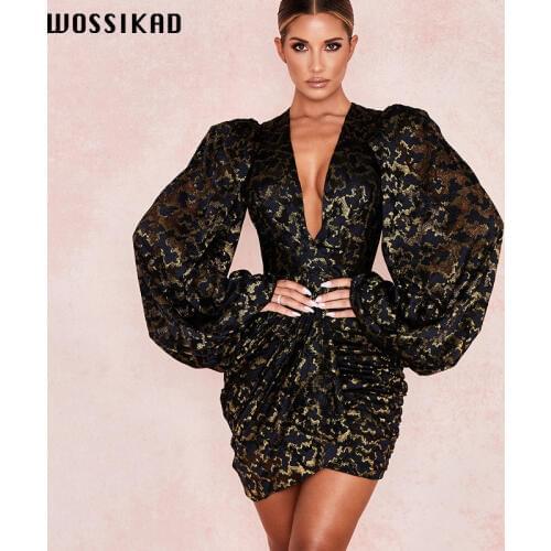 Leopard Dress Puff Sleeve Autumn Women Lace Deep V Neck Elegant Evening Floral Sexy Dress Package Buttocks Sexy Dress Mini