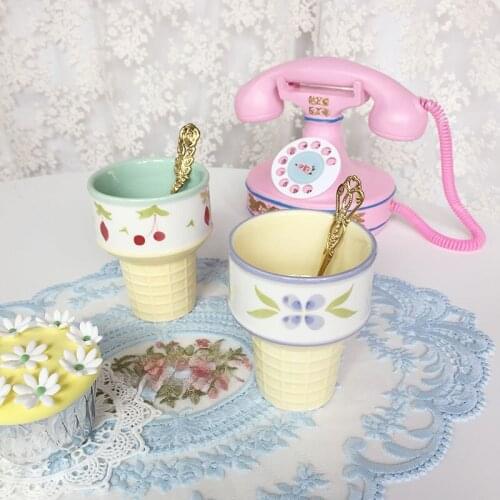Ins French Retro Lovely Hand Painted Relief Cone Ice Cream Ceramic Water Cup Fresh Cone Cup Juice Coffee Cup