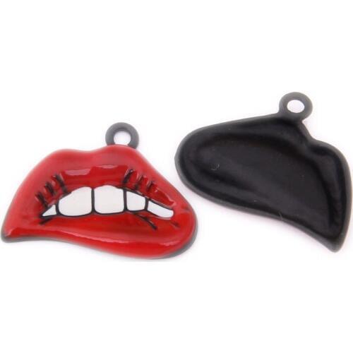 Mini Order 10pcs 28*21MM Red Enamel Alloy Jewelry Oil Drop Sexy Lip Shape Charms DIY Bracelet Necklace Pendants