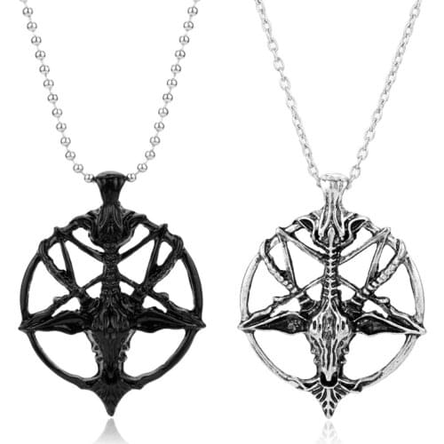 Fashion Retro Pentagram Pan God Skull Goat Head Pendant Necklace Luck Satanism Occult Metal Vintage Silver Plated Star Necklace