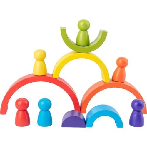 Montessori Wooden Rainbow Toys Building Blocks Stacking Blocks Shapes Constructor For Children Toys Rainbow Stacker Wood Game