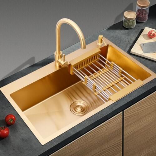 Above Counter Single Bowl Stainless Sinks Nano Gold Sink Stainless Steel Brushed Kitchen Sink Large Size Sink Drainer Basket