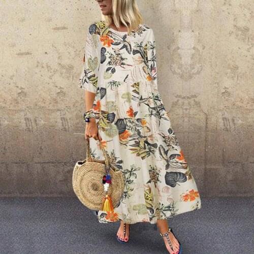 2021 Autumn Vintage Floral Printed Dress ZANZEA Women Half Sleeve Casual Sundress Bohemian Femme Dress Cotton Linen Vestido Robe