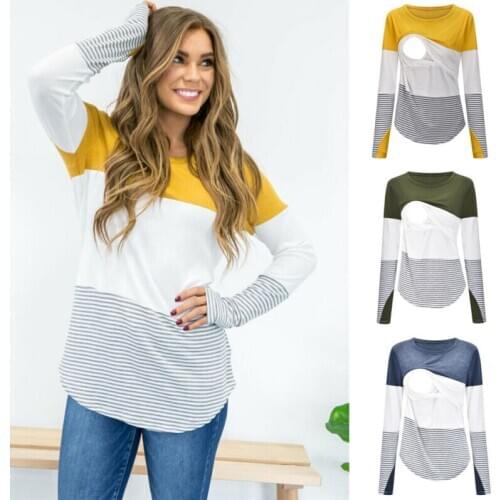 Citgeett Autumn Maternity Clothing Breastfeeding Lace T-Shirt nursing Tops For Pregnant Womens Striped Patchwork