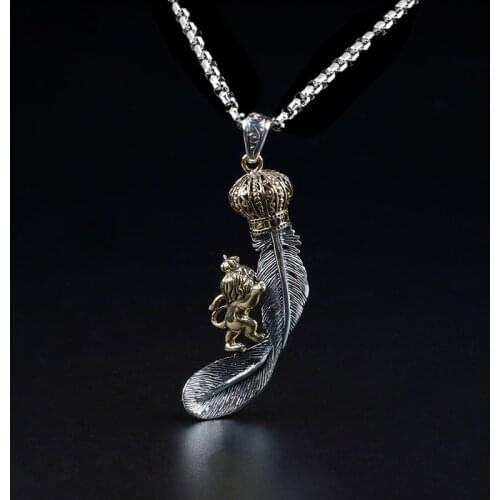 Brand New Unique Design Crown Silver Feather Pendant Mens Punk Necklace Charm Trendy Jewelry