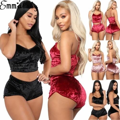 Women Pajamas 2Pcs Sexy Velvet Set Lingerie Clothes For Woman Straps Ladies Sleepwear Suit