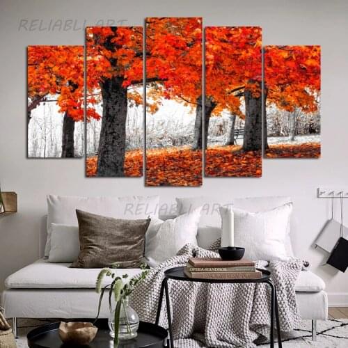 5 Panels/Set Red Tree Poster Home Decor Canvas Prints Wall Art For Living Room Forest Landscape Pictures Wall Painting Scenery